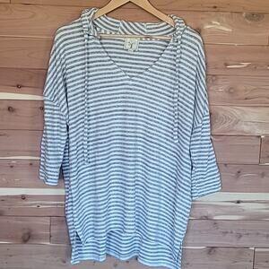 Colortree Quarter-Sleeve Butter Soft Hoodie Tunic, Size 1X, Grey & White Stripes